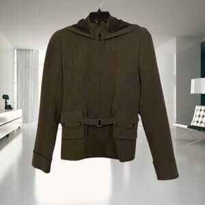 Simon Chang Brown Belted Hooded Jacket | Size 8 | Lined Zip-Up Coat with Hood